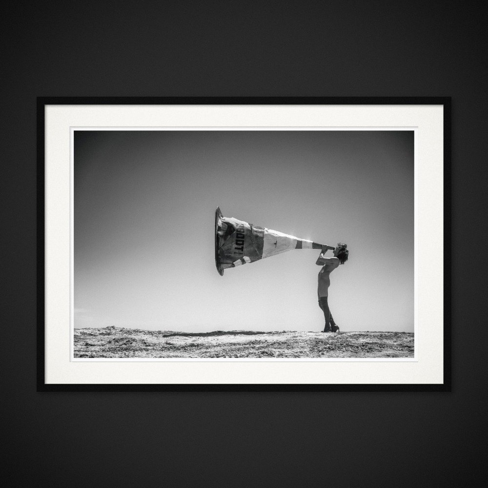Cone Of Silence — A traffic cone becomes an oversized mouthpiece facing the horizon. Framing preview by Albert Pocej; frame not included.