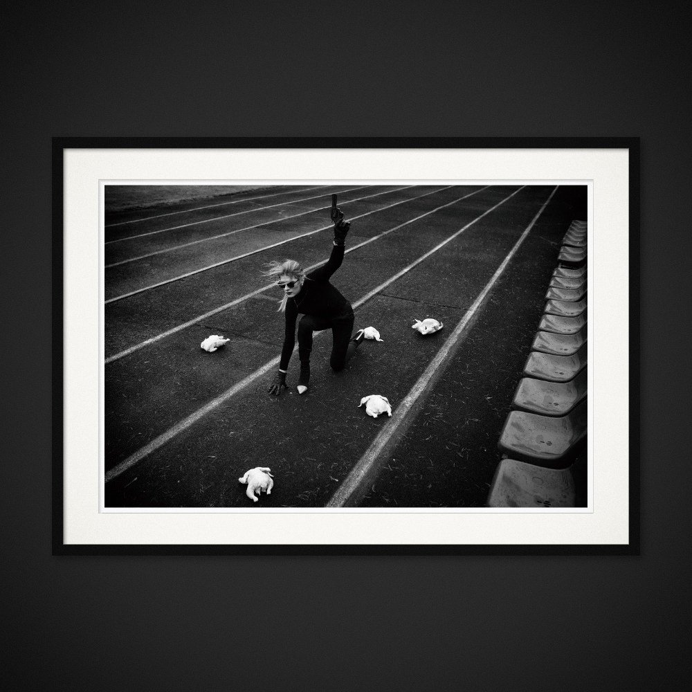 Fowl Play — A starting pose, a raised pistol and chickens on a running track. Framing preview by Albert Pocej; frame not included.