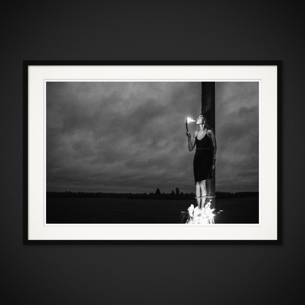 Malleus Maleficarum — A cigarette is lit while flames rise at the woman’s feet. Framing preview by Albert Pocej; frame not included.
