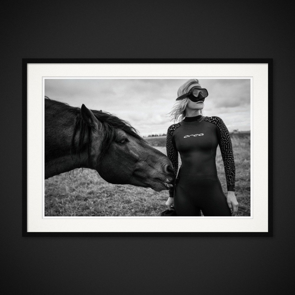 Seahorse Illusion — A horse meets a woman wearing a wetsuit and diving mask. Framing preview by Albert Pocej; frame not included.