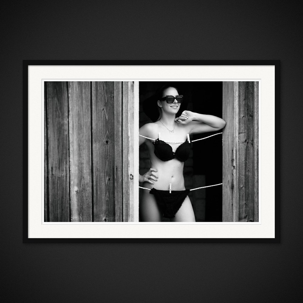String Theory — Clotheslines cross a doorway and the figure standing within it. Framing preview by Albert Pocej; frame not included.